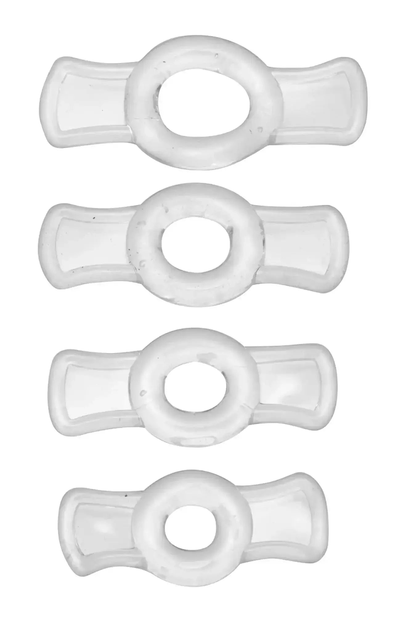 Clear translucent silicone ring with central oval hole and symmetrical flared ends from size matters endurance set
