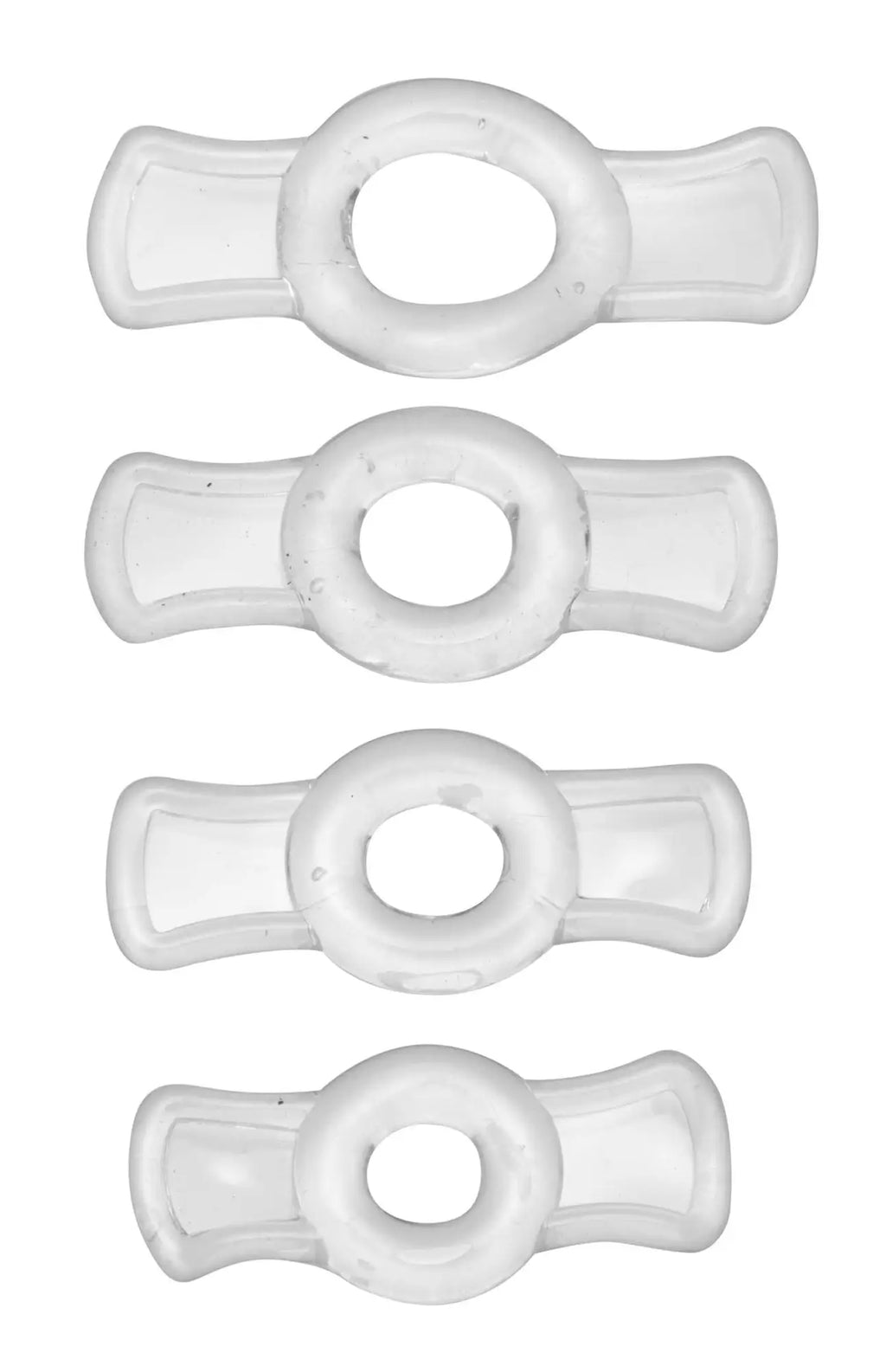 Clear translucent silicone ring with central oval hole and symmetrical flared ends from size matters endurance set