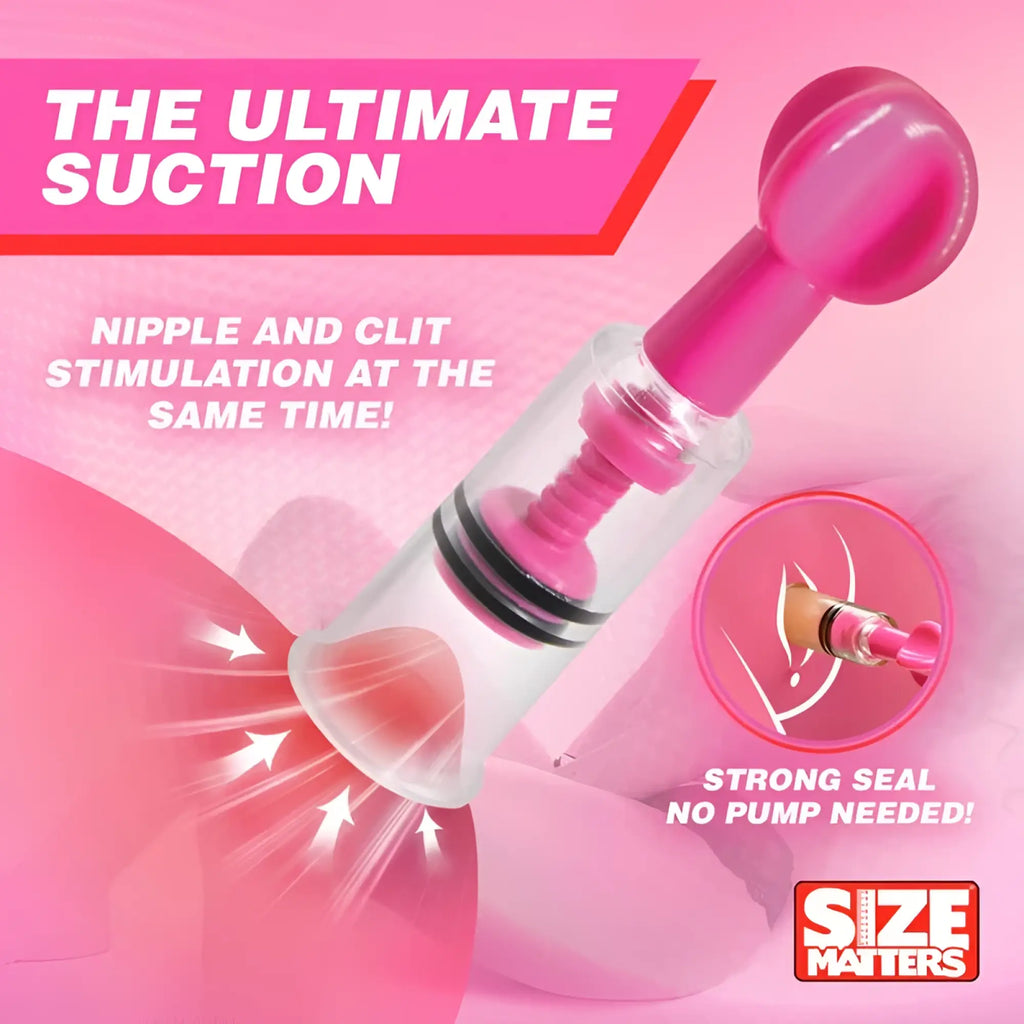 Pink and clear plastic suction device with rounded handle for nipple and clit stimulation size matters max twist set
