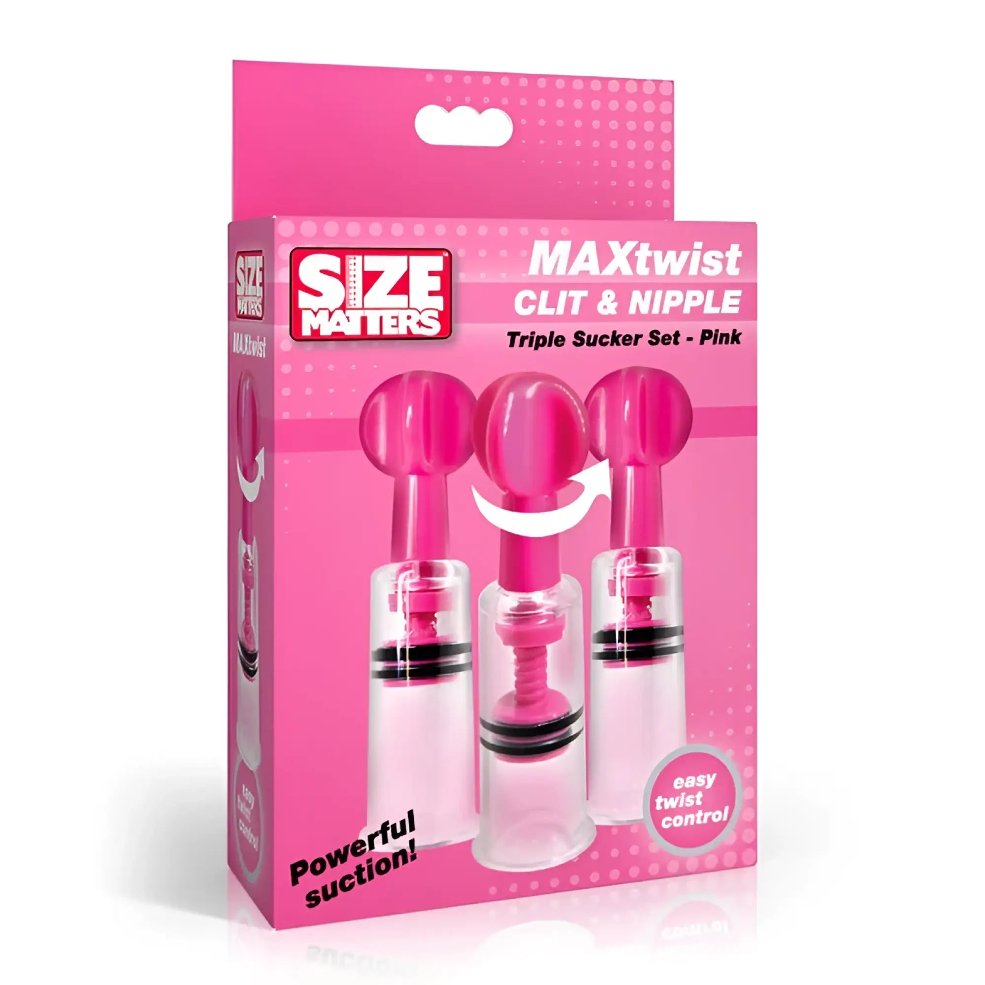 Size matters maxtwist pink plastic triple clit nipple sucker set with clear suction cups and black rings