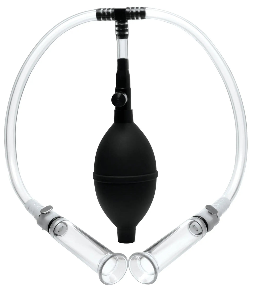 Black rubber bulb with clear glass tubes and connectors in size matters nipple pumping system with dual cylinders