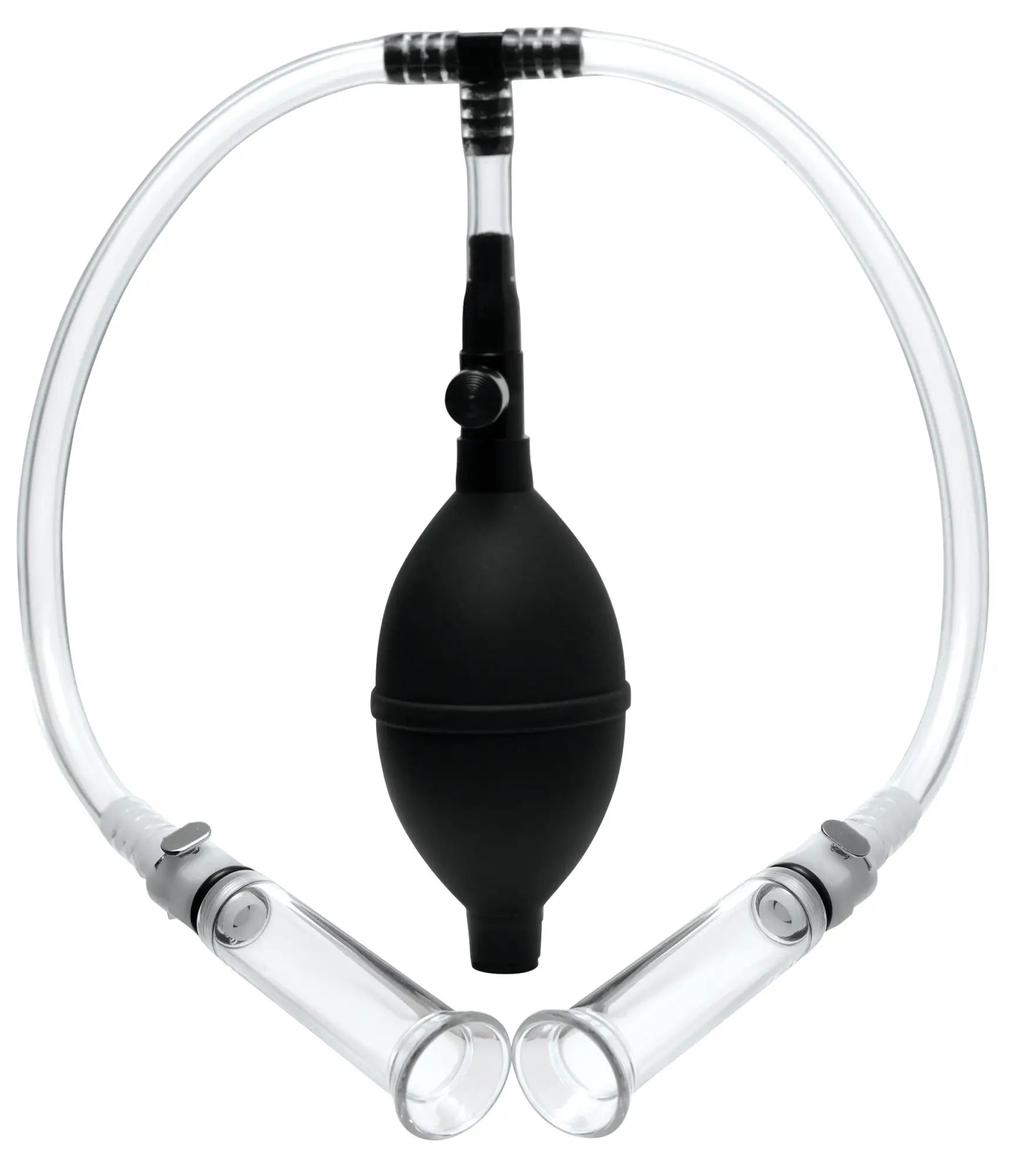 Black rubber bulb with clear glass tubes and connectors in size matters nipple pumping system with dual cylinders