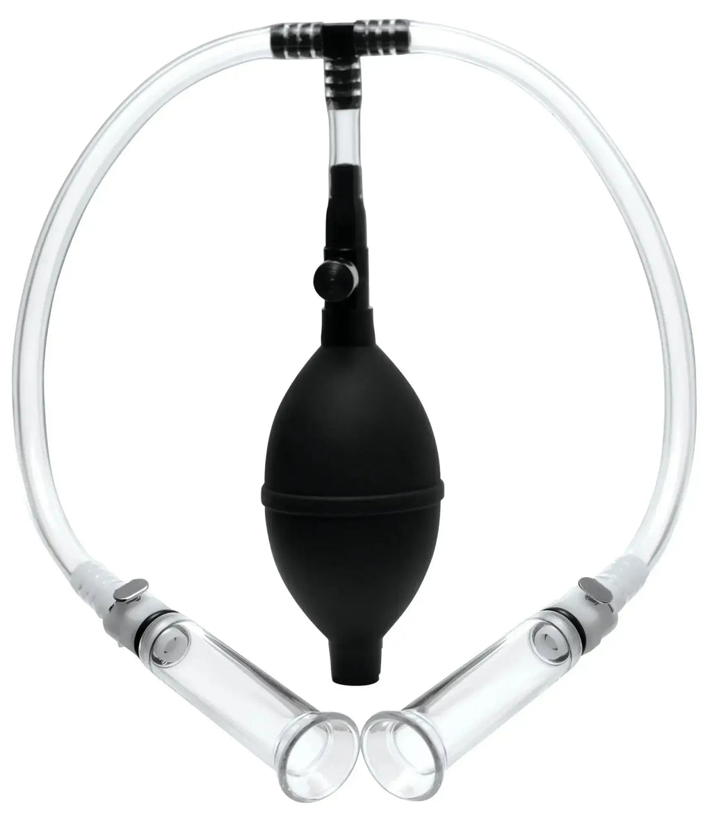 Black rubber bulb with clear glass tubes and connectors in size matters nipple pumping system with dual cylinders