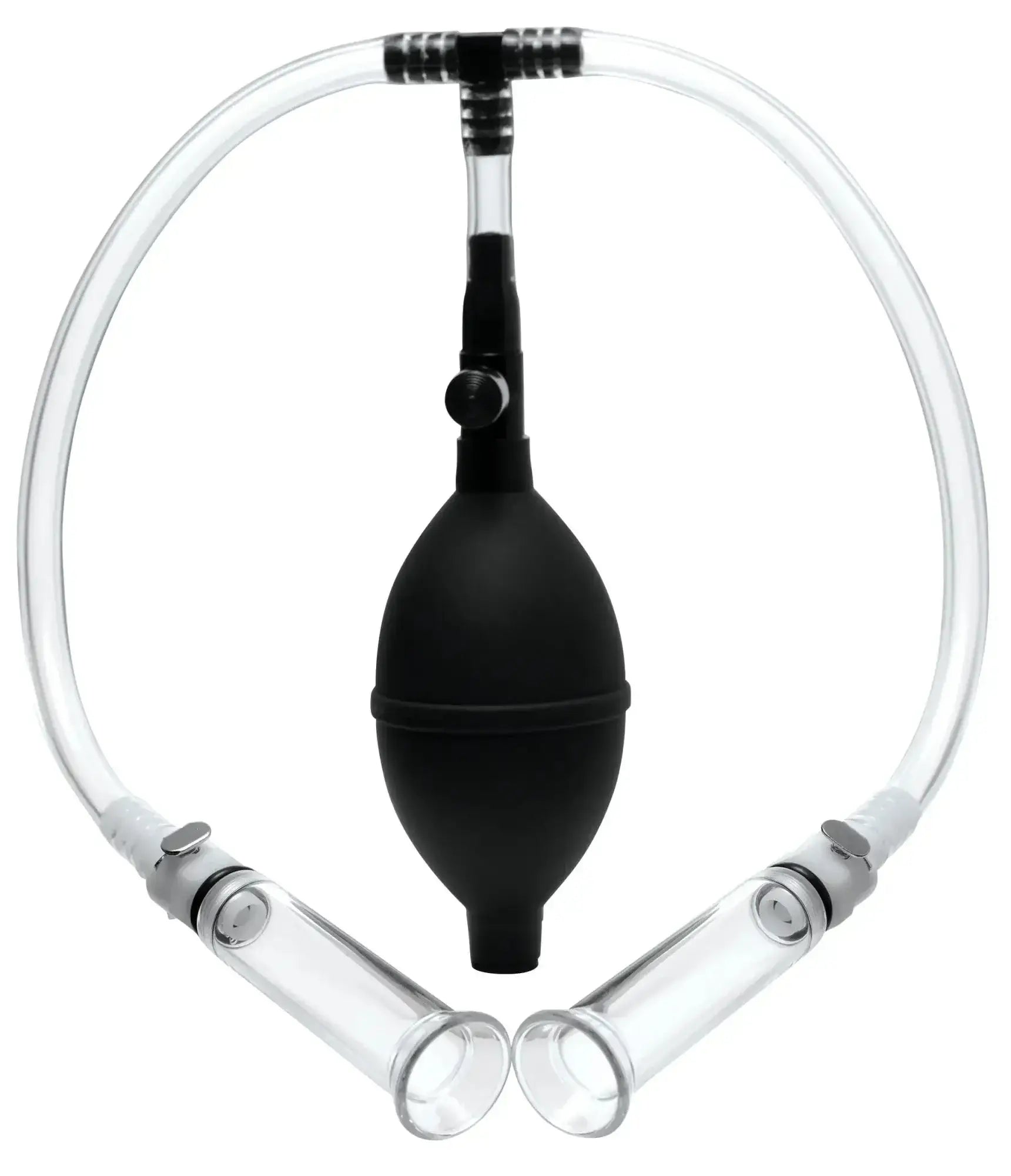 Black rubber bulb with clear glass tubes and connectors in size matters nipple pumping system with dual cylinders