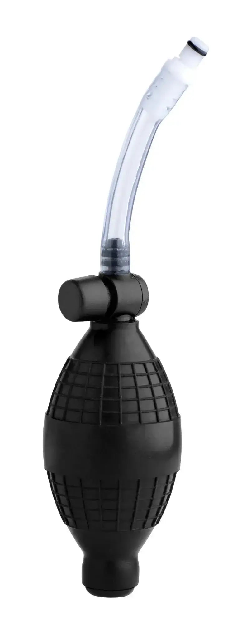 Black rubber suction pump with clear plastic tube and black cap for size matters nipple pumping system with dual cylinders