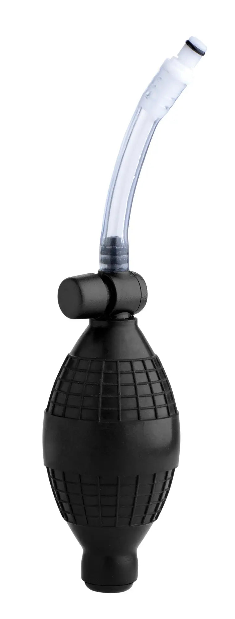 Black rubber suction pump with clear plastic tube and black cap for size matters nipple pumping system with dual cylinders