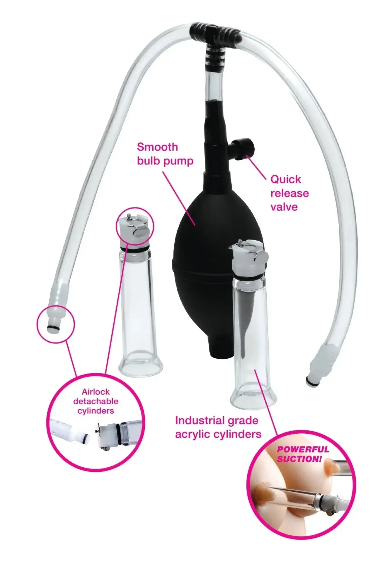 Black smooth bulb nipple pumping system with clear tubing and industrial grade acrylic dual cylinders