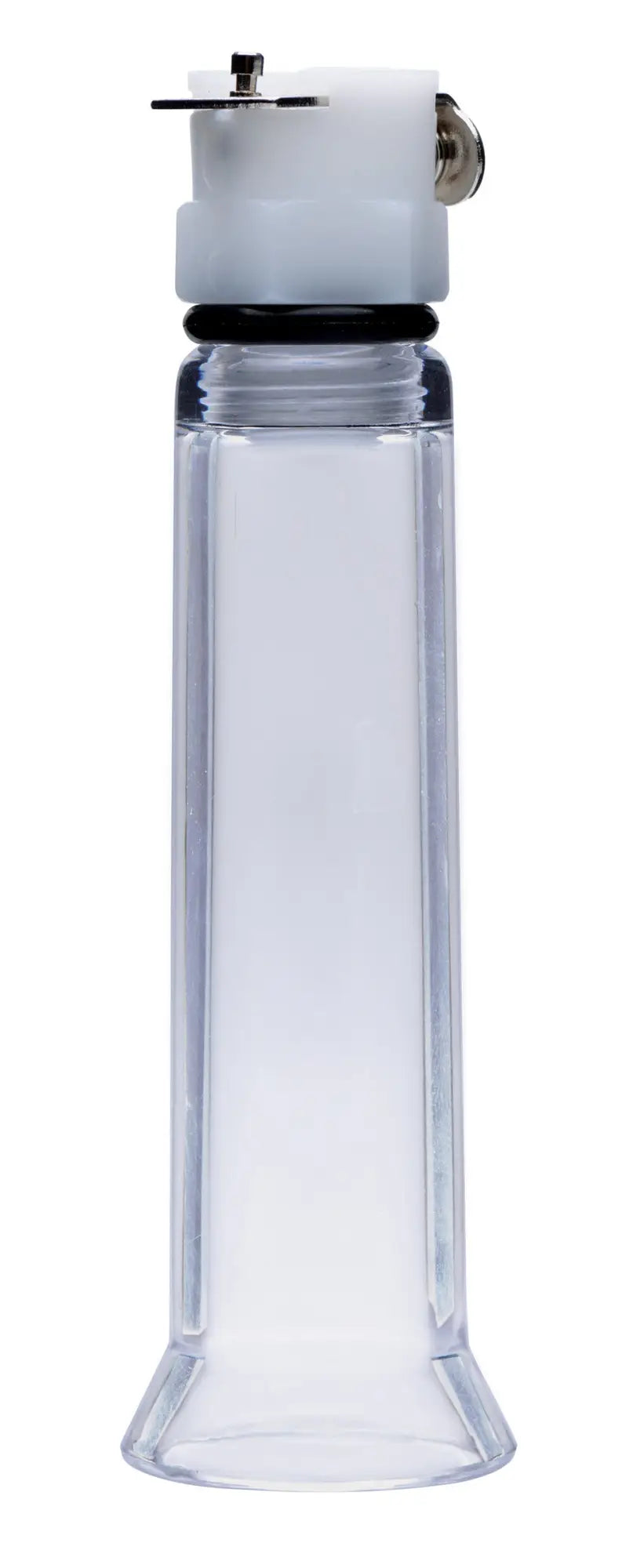 Clear acrylic dental handpiece with white plastic top and metallic screw cap in size matters nipple pumping system with dual cylinders