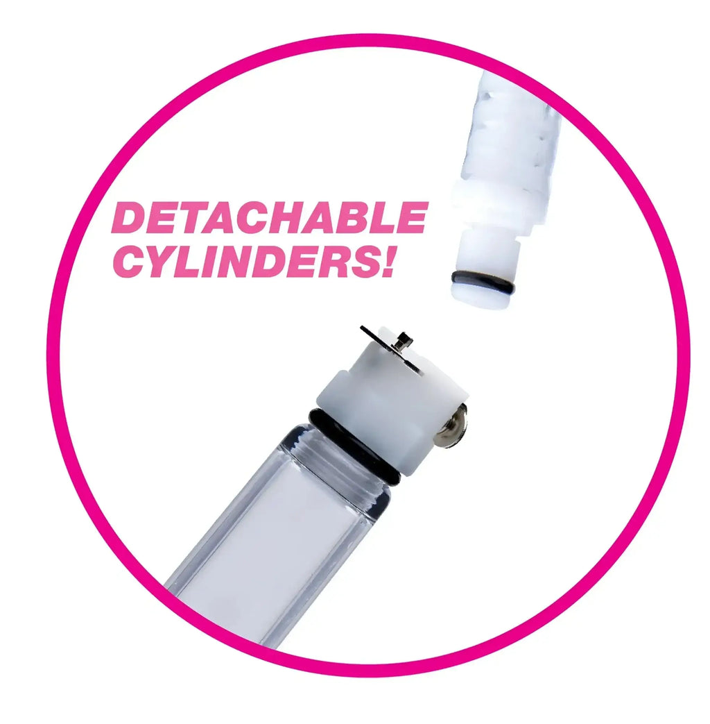 Clear glass Size Matters nipple pumping system water bottle with white detachable cylinders and black rubber seals