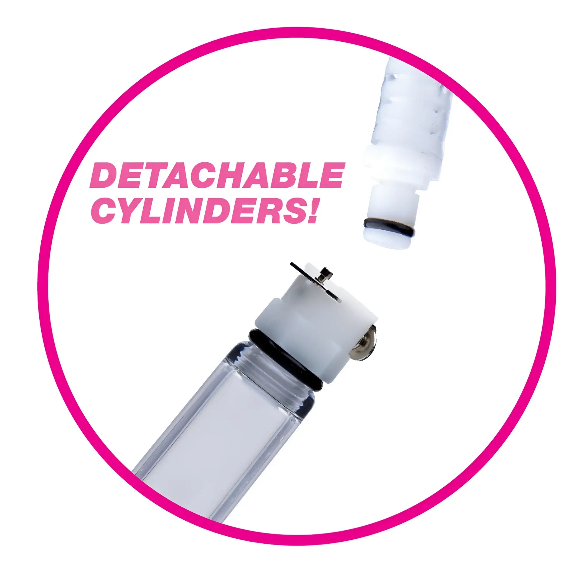 Clear glass Size Matters nipple pumping system water bottle with white detachable cylinders and black rubber seals
