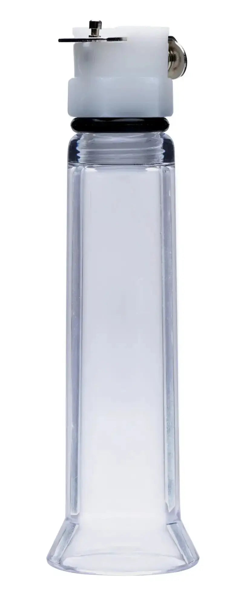 Clear acrylic dental handpiece with white plastic top and metallic screw cap in size matters nipple pumping system