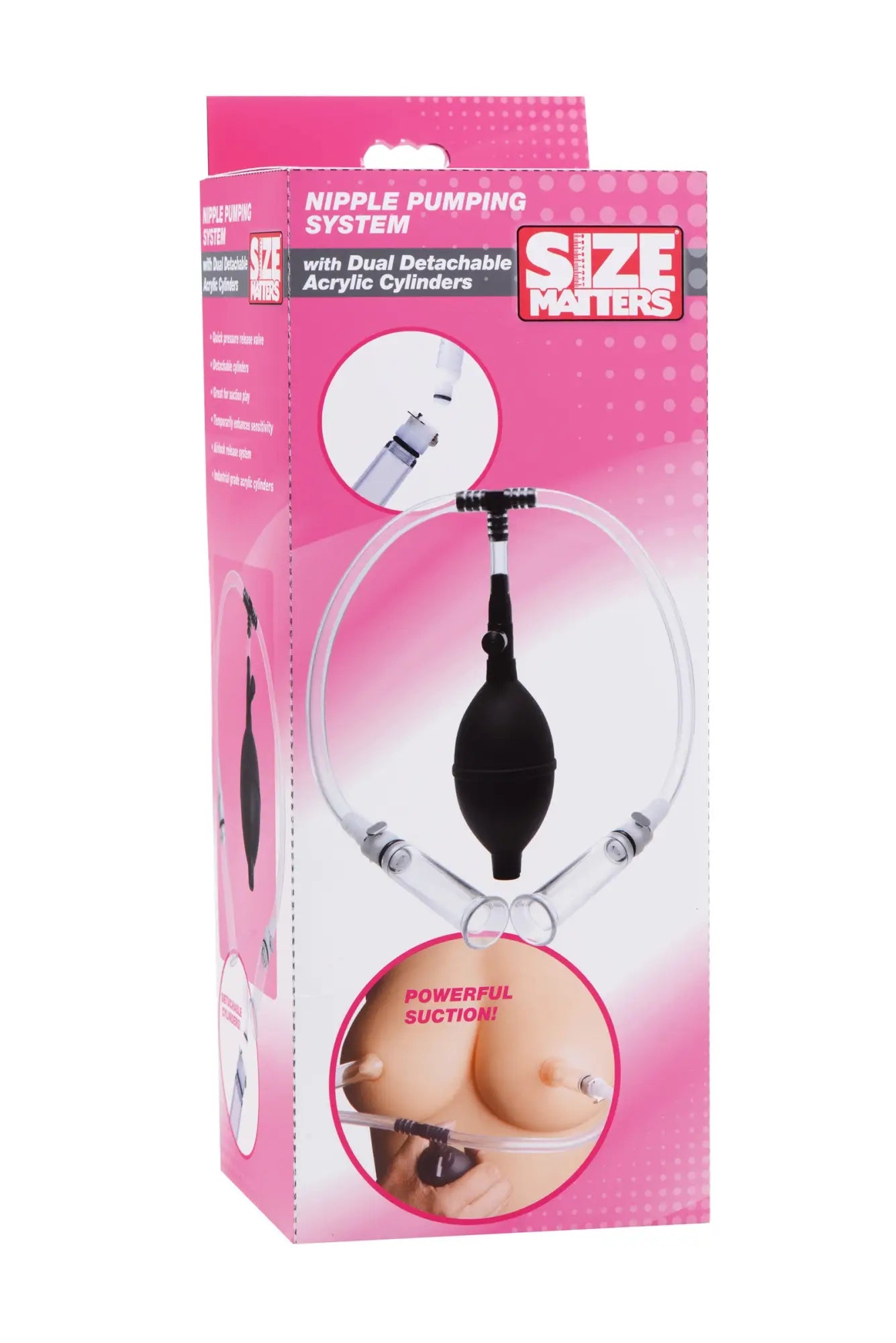 Size matters nipple pumping system with dual detachable acrylic cylinders in pink and black rubber bulb visible