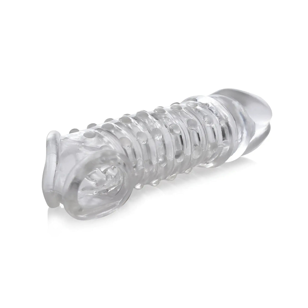 Clear silicone penis enhancer sleeve with textured ridges and rounded ends size matters 1.5in clear