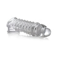 Clear silicone size matters penis enhancer sleeve 1.5in with textured ribbed design and rounded ends