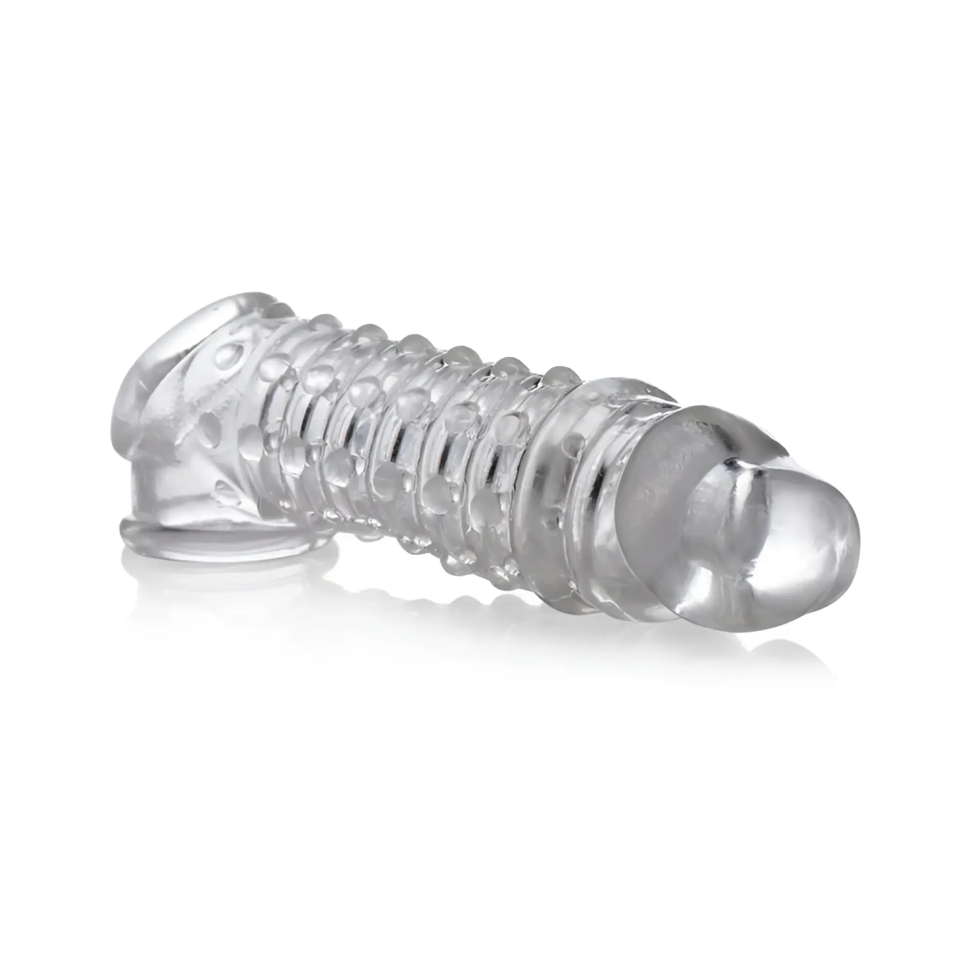 Clear silicone size matters penis enhancer sleeve 1.5in with textured ribbed design and rounded ends