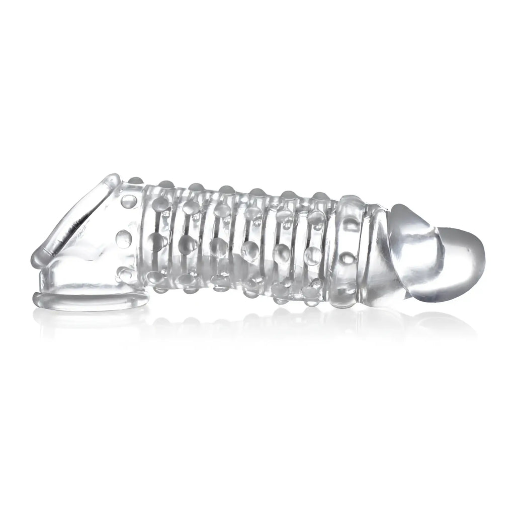 Clear silicone cock ring with textured ridges and rounded ends in size matters penis enhancer sleeve 1.5in clear