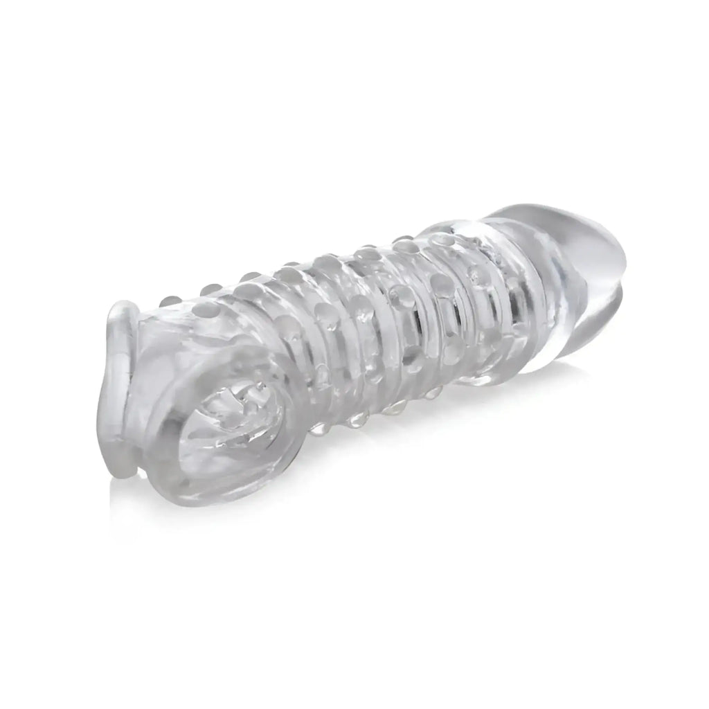 Clear silicone penis enhancer sleeve with textured ridges and rounded ends size matters 1.5in clear