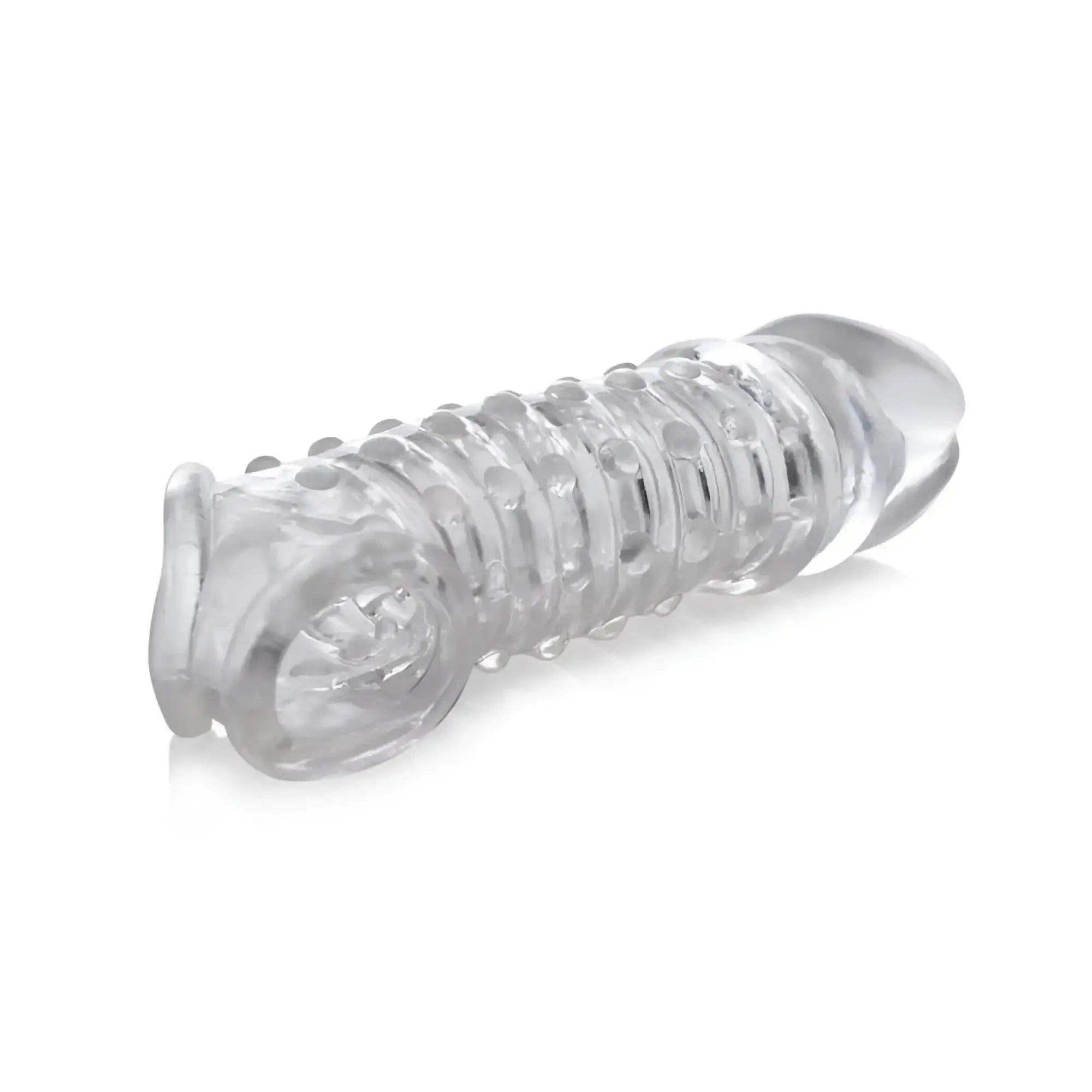 Clear silicone penis enhancer sleeve with textured ridges and rounded ends size matters 1.5in clear