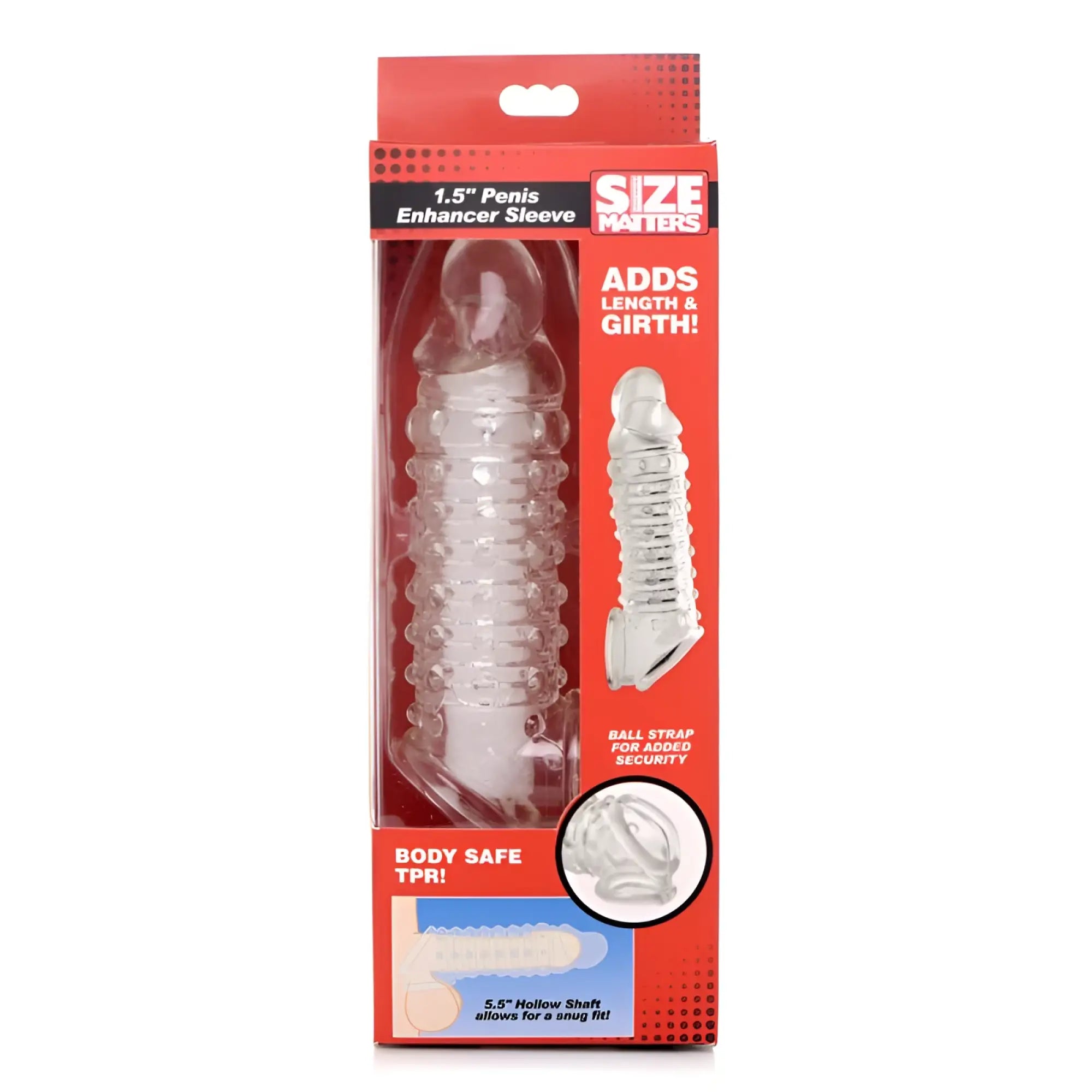 Clear transparent silicone penis enhancer sleeve size matters 1.5in with ribbed texture and ball strap for secure fit