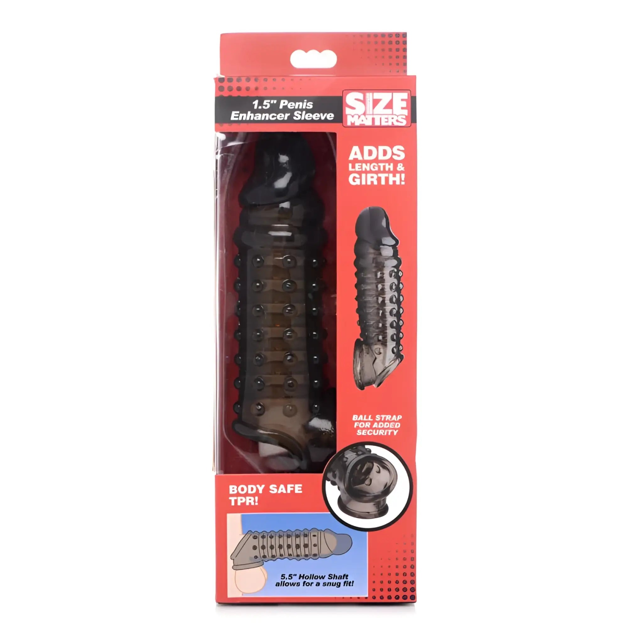 Black translucent silicone penis enhancer sleeve in red and white packaging titled size matters penis enhancer sleeve 1.5in smoke