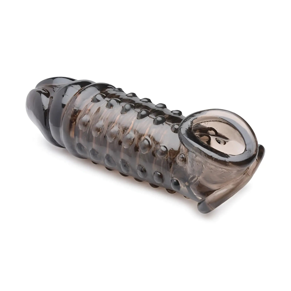 Transparent dark gray silicone cock ring with textured bumpy surface and circular opening size matters penis enhancer sleeve 1.5in smoke