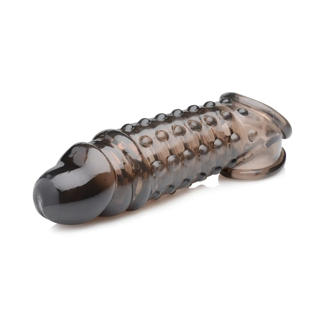 Transparent dark gray silicone Size Matters penis enhancer sleeve with textured rounded bumps in 1.5in smoke color