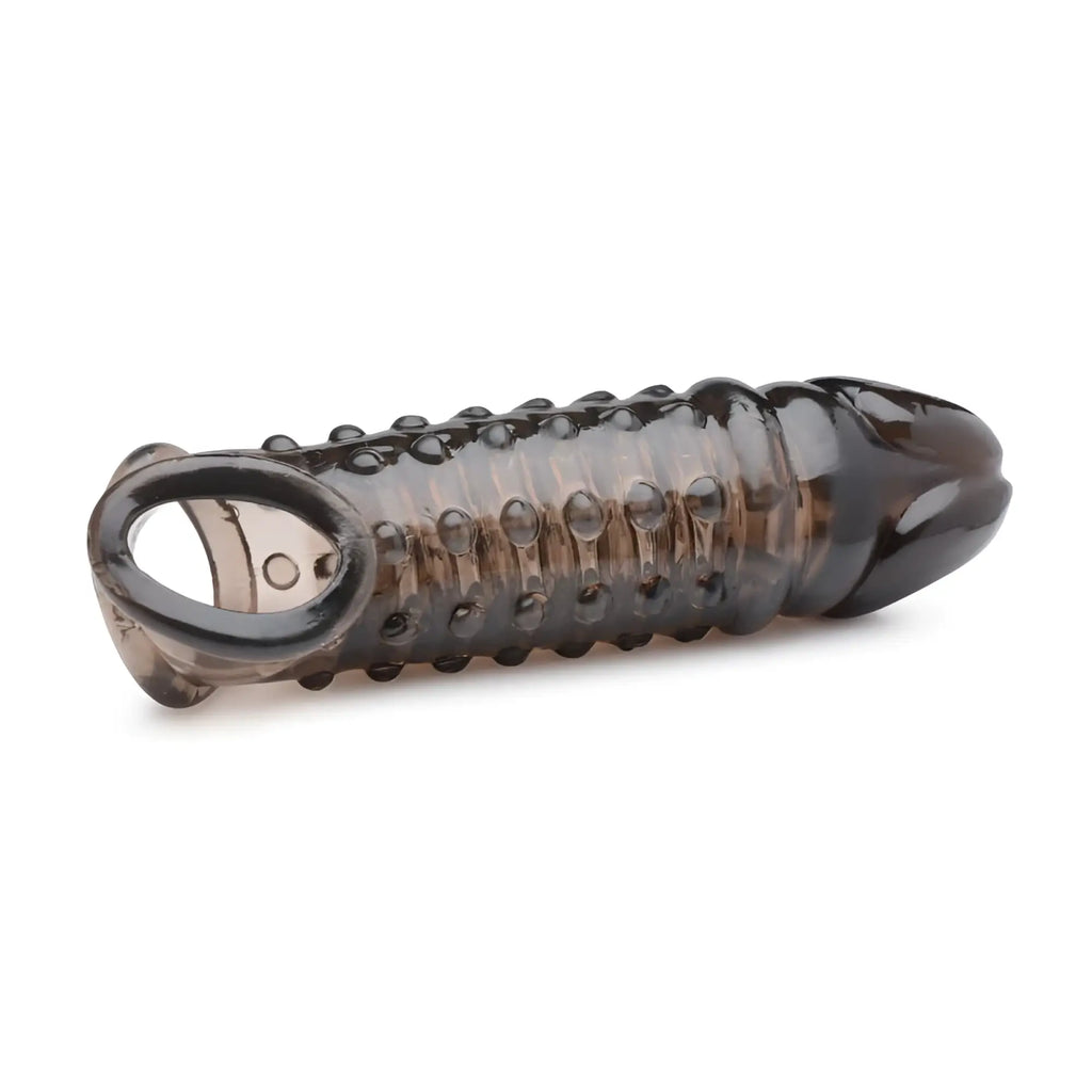 Transparent dark gray silicone cock ring with textured ridges and circular opening from size matters penis enhancer sleeve 1.5in smoke