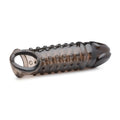 Transparent dark gray silicone cock ring with textured ridges and circular opening from size matters penis enhancer sleeve 1.5in smoke