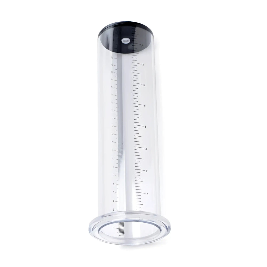 Clear cylindrical medical suction chamber with black cap and measurement markings for size matters penis pump kit 2.25 inch cylinder