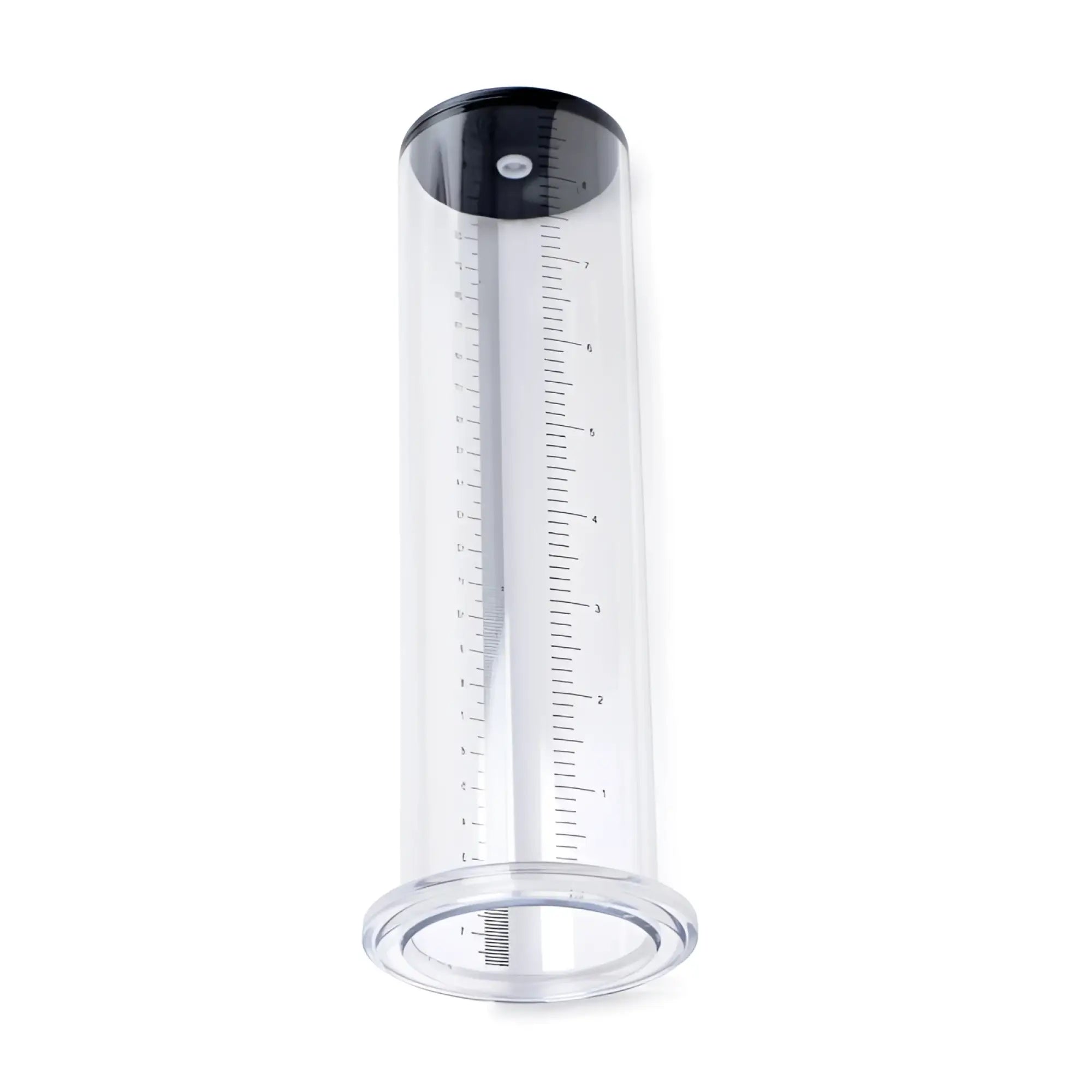 Clear cylindrical medical suction chamber with black cap and measurement markings for size matters penis pump kit 2.25 inch cylinder