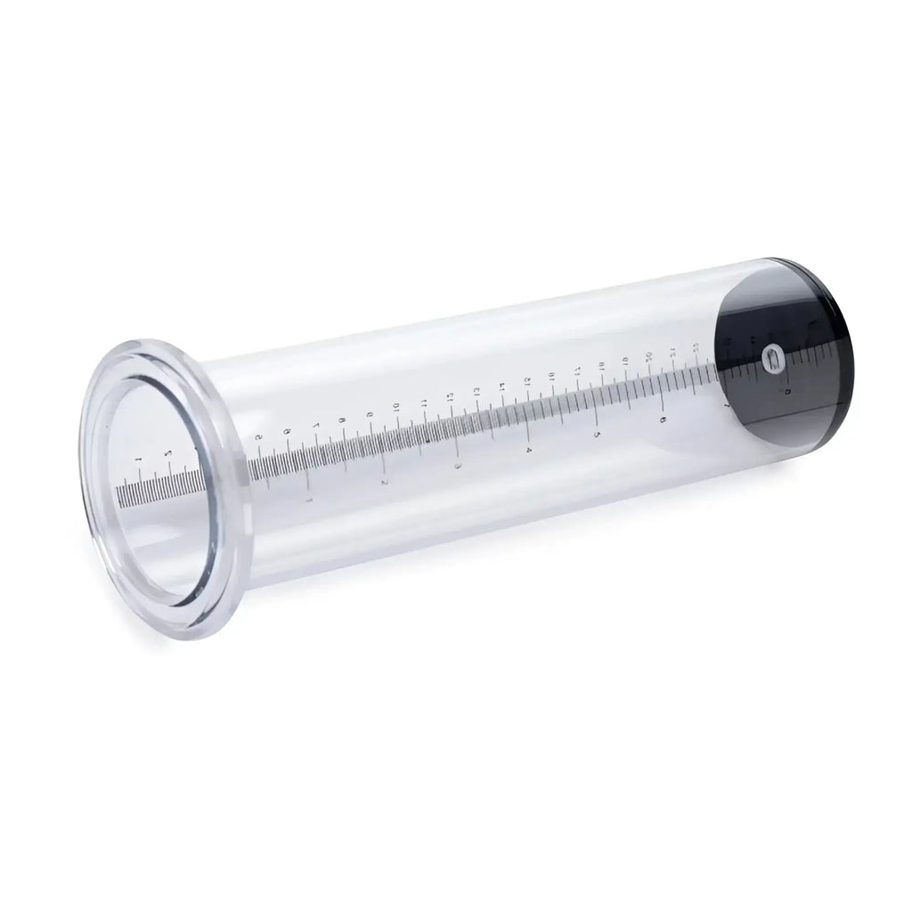 Clear plastic cylindrical penis pump tube with black caps and measurement markings for size matters 2.25 inch kit