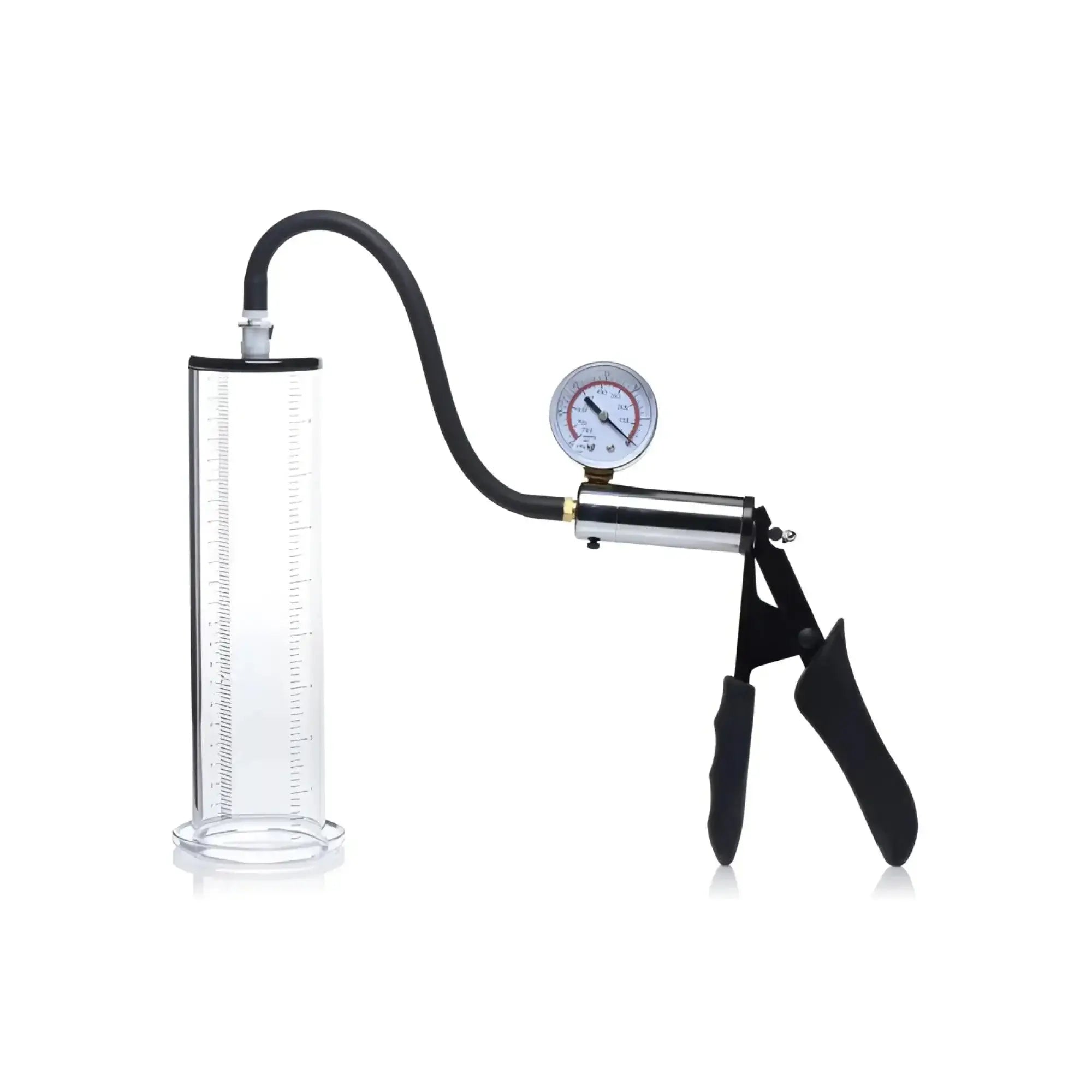 Clear glass vacuum pump with black rubber hose handle and pressure gauge in size matters penis pump kit 2.25 inch cylinder