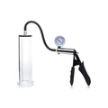 Clear glass vacuum pump with black rubber hose handle and pressure gauge in size matters penis pump kit 2.25 inch cylinder