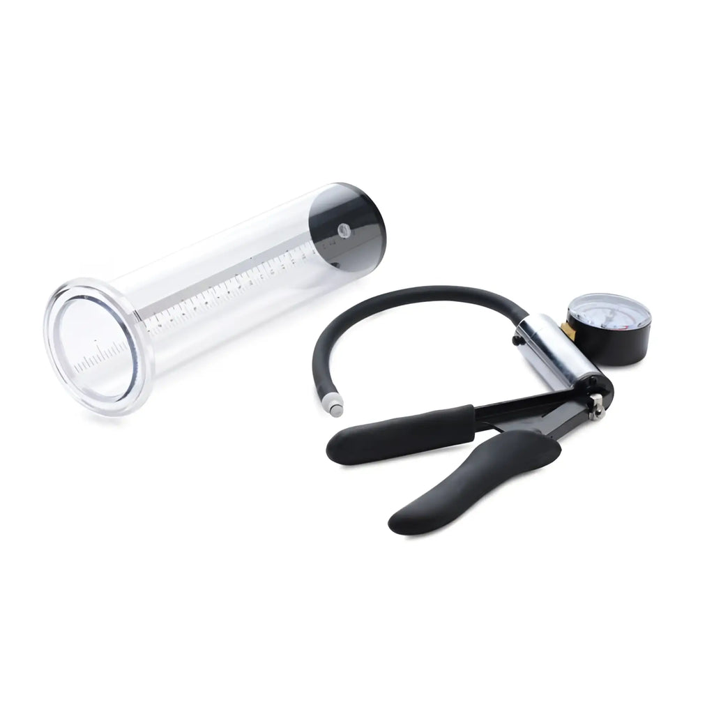 Clear glass Size Matters penis pump kit with black rubber seal, measurement markings, and black-handled pump with pressure gauge
