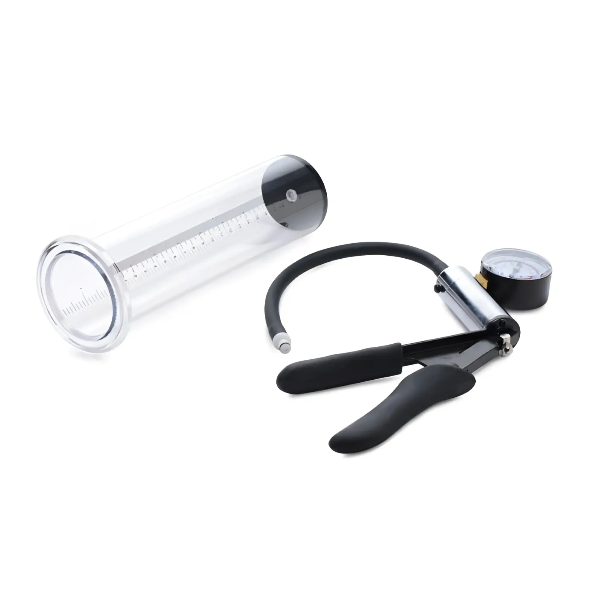Clear glass Size Matters penis pump kit with black rubber seal, measurement markings, and black-handled pump with pressure gauge