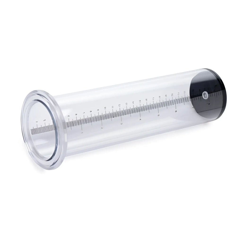 Clear plastic cylindrical penis pump tube with black caps and measurement markings for size matters 2.25 inch kit