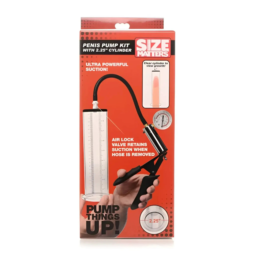 Size matters penis pump kit with clear 2.25 inch cylinder black hose pressure gauge in red and black packaging