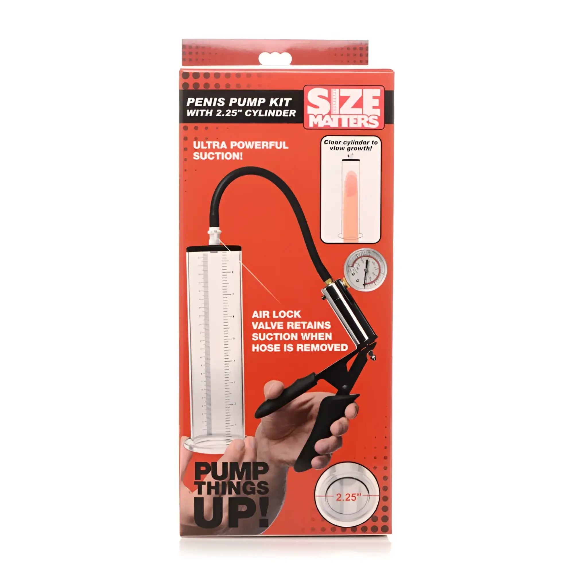 Size matters penis pump kit with clear 2.25 inch cylinder black hose pressure gauge in red and black packaging