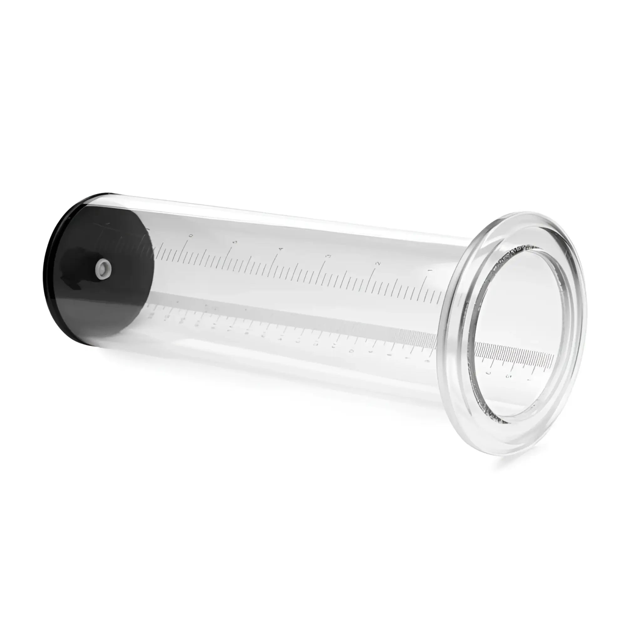 Clear glass cylinder with black cap and measurement markings from size matters penis pump kit 2.5 inch cylinder
