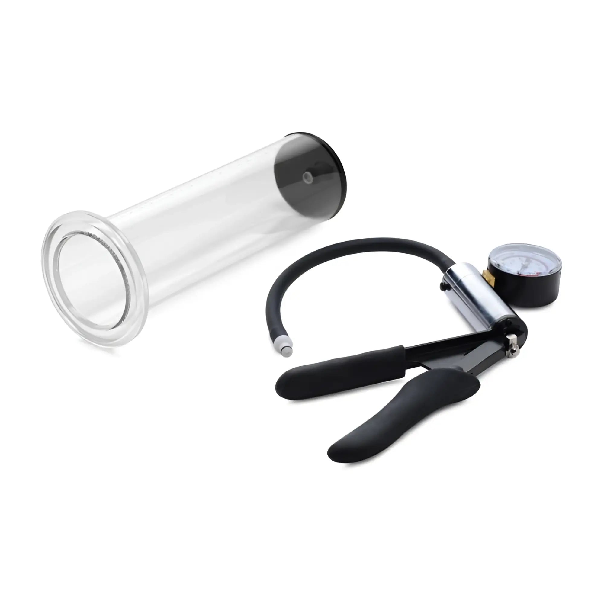 Clear glass penis pump cylinder with black rubber seal and metal fittings, paired with black handled pressure gauge pump