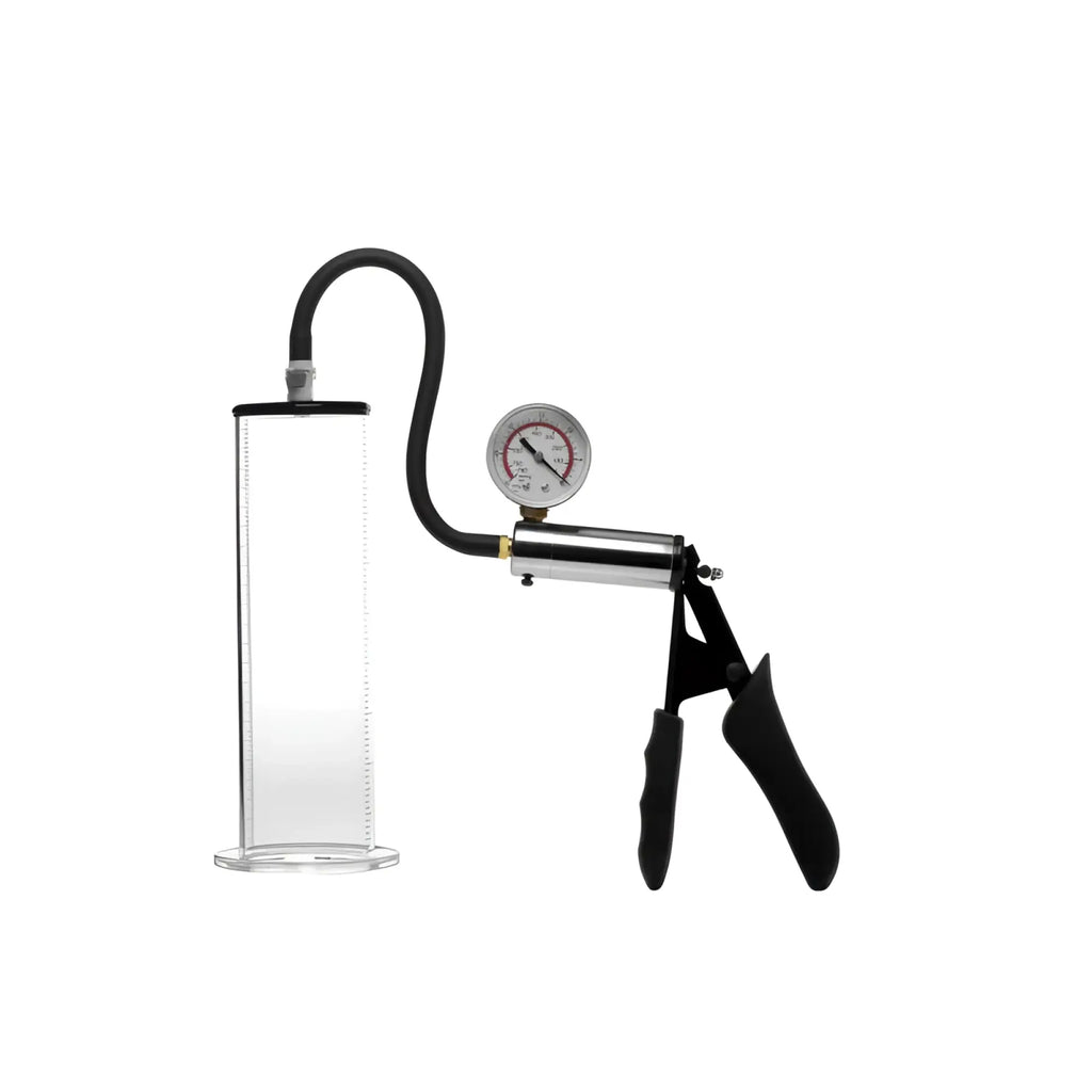 Clear glass size matters penis pump kit with 2.5 inch cylinder black rubber hose metallic pressure gauge and ergonomic handles
