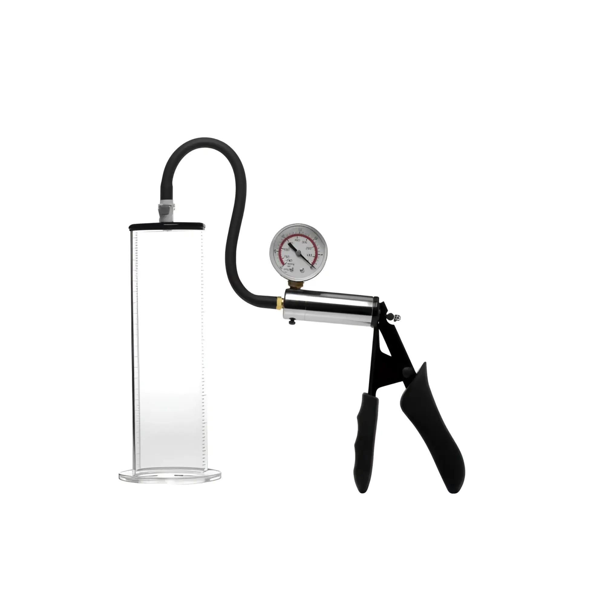 Clear glass size matters penis pump kit with 2.5 inch cylinder black rubber hose metallic pressure gauge and ergonomic handles