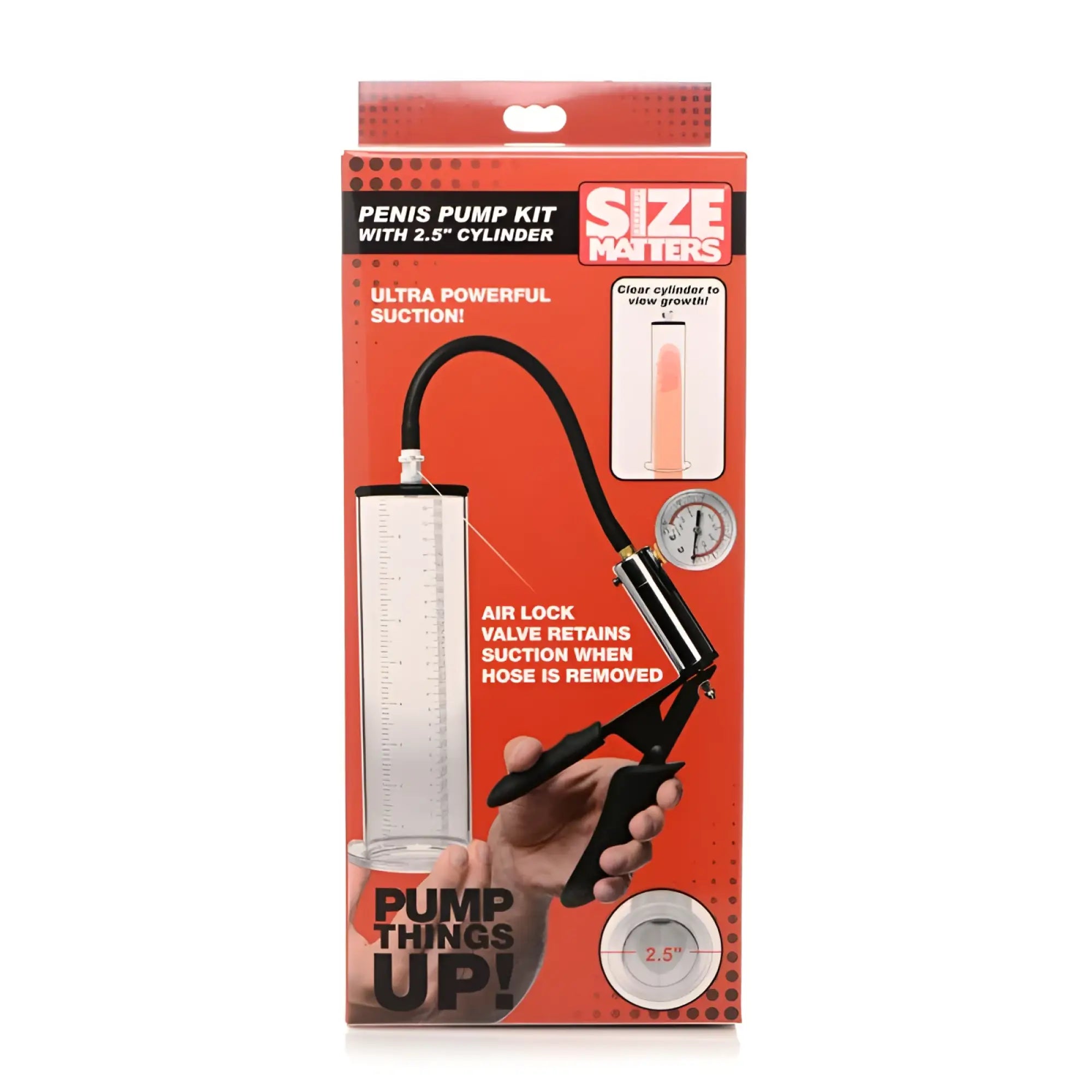 Size Matters penis pump kit with red and black packaging, clear 2.5 inch cylinder, black hose, and hand grip handle
