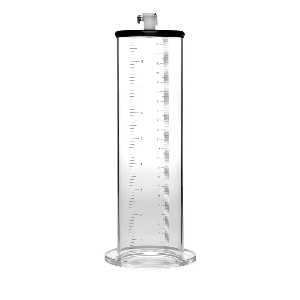 Transparent cylindrical size matters penis pump kit with 2.5 inch black lid and base and precise ml measurements