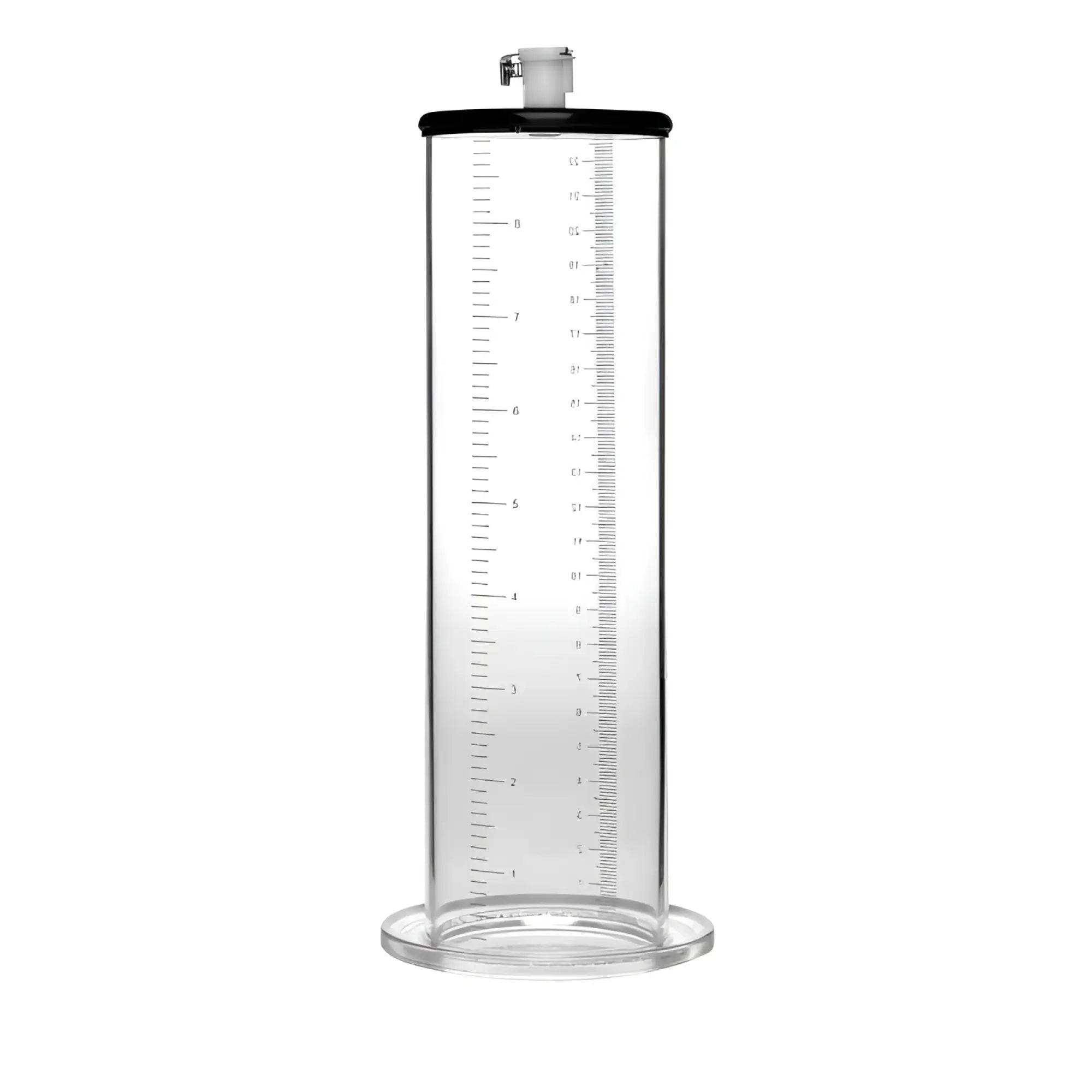 Transparent cylindrical size matters penis pump kit with 2.5 inch black lid and base and precise ml measurements