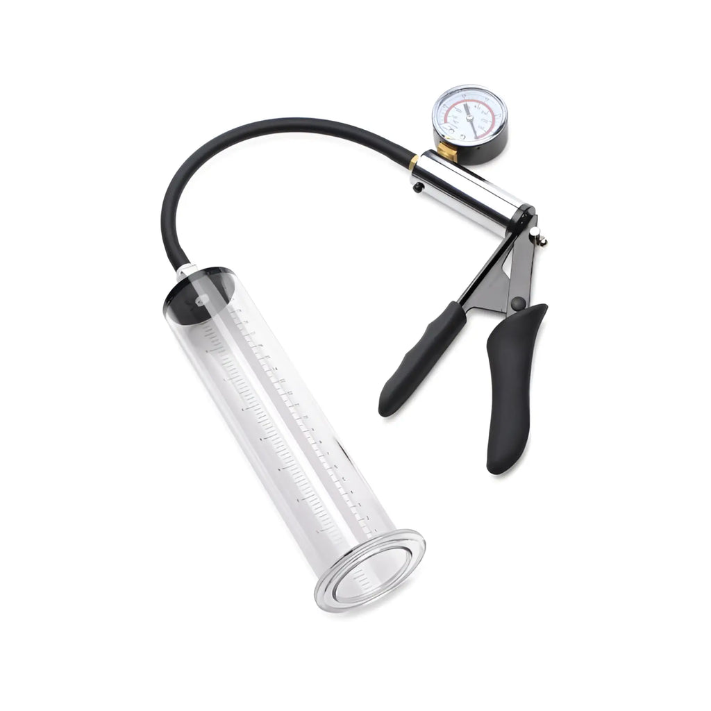 Clear glass penis pump cylinder with black rubber grips pressure gauge and measurement markings from size matters kit