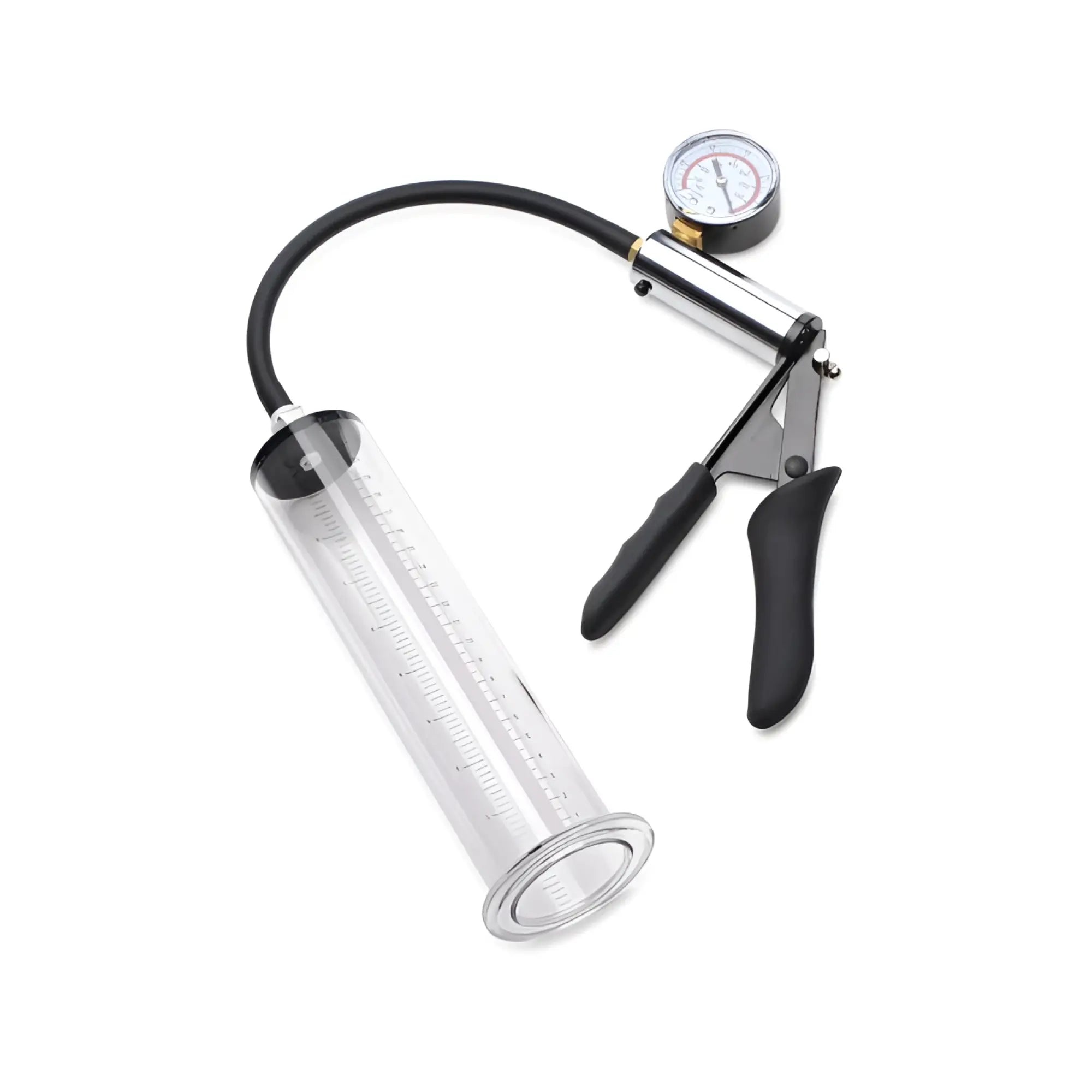 Clear glass penis pump cylinder with black rubber grips pressure gauge and measurement markings from size matters kit