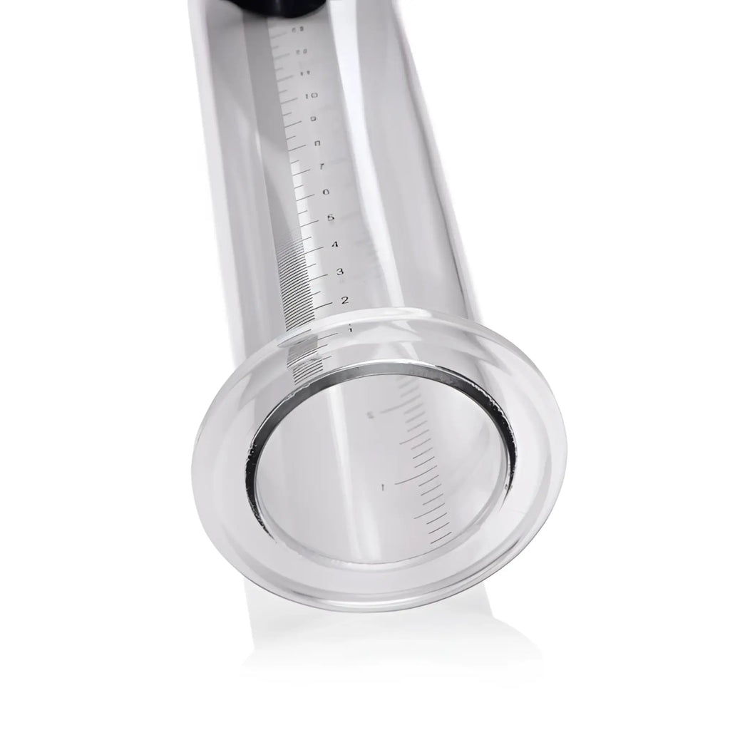 Clear glass 2 inch cylinder with black measurement markings and circular base for size matters penis pump kit