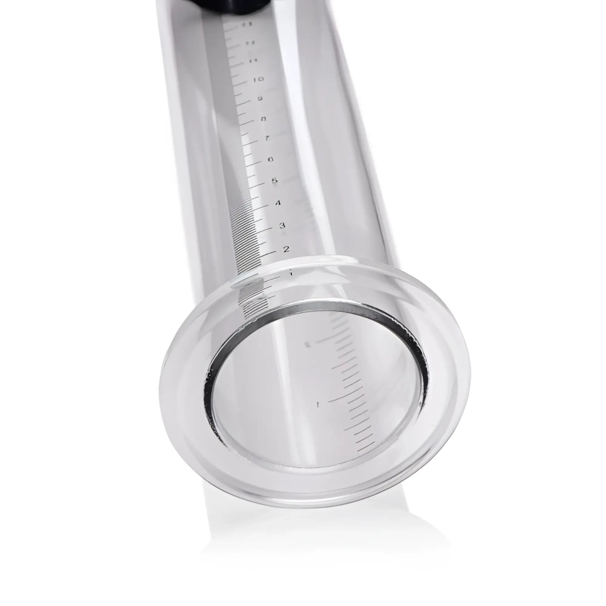 Clear glass 2 inch cylinder with black measurement markings and circular base for size matters penis pump kit