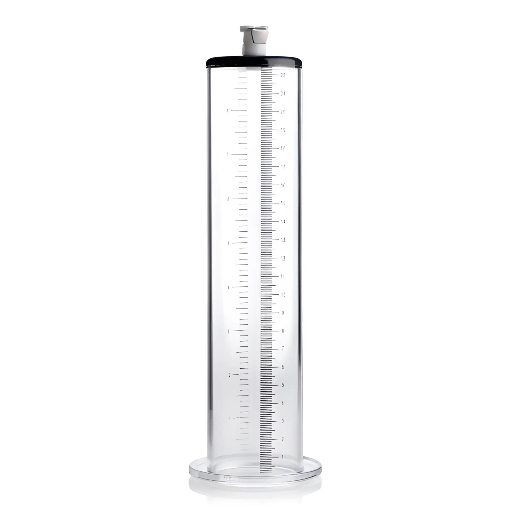 Clear plastic 2 inch graduated cylinder with black top and base for size matters penis pump kit measuring milliliters